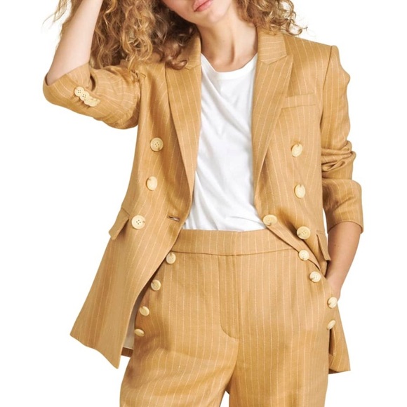 Veronica Beard‎ Gaya Linen-Blend Pinstriped Dickey Blazer Camel - Picture 4 of 11